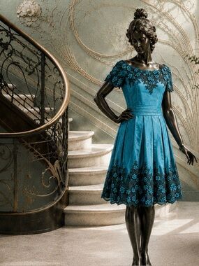 Vintage 1950s/60s Teal Silk, Lace, & Flowers Cocktail Dress (XS/S)